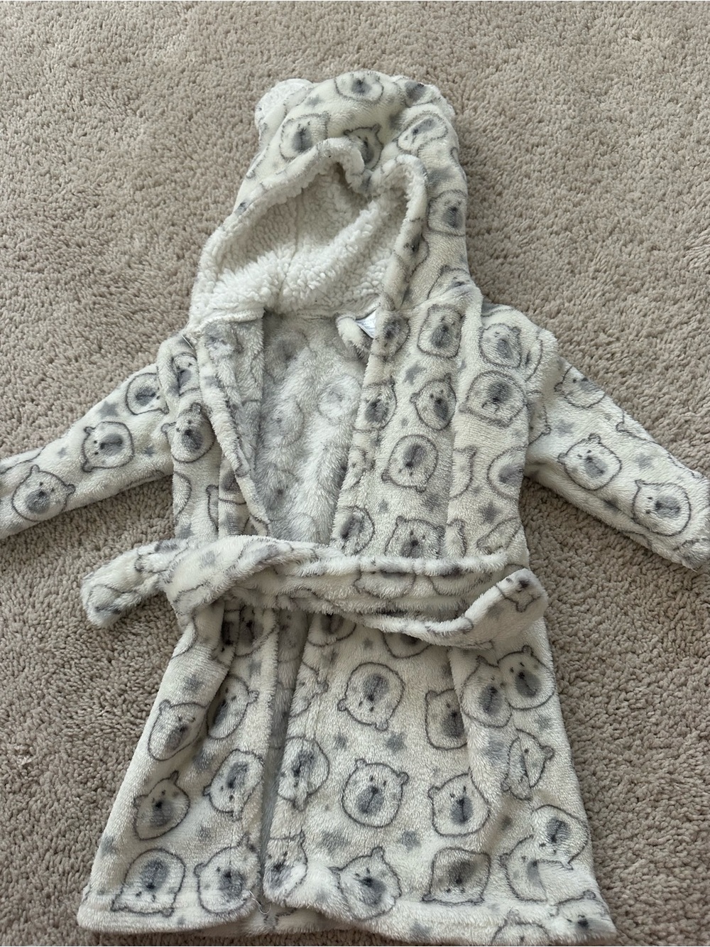 Cozy Bear Print Hooded Kids Robe - White and Gray